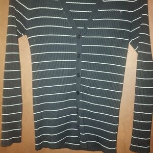 New York & Company Black and White Striped Button Down Shirt